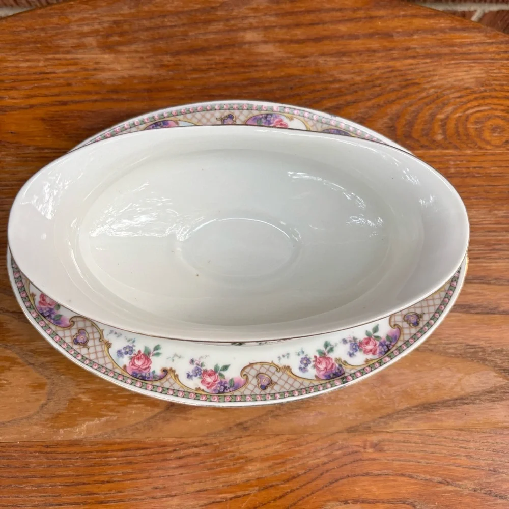Vintage Victoria Czecho-slovakia Gravy boat  Pattern Pink Roses and gold basket